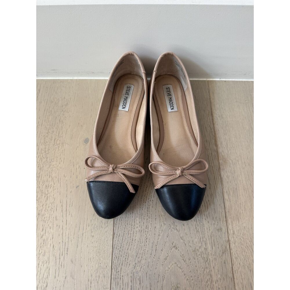 Steve Madden ELLISON Nude & Black Cap Toe Leather Ballet Flats w/ Bow 8